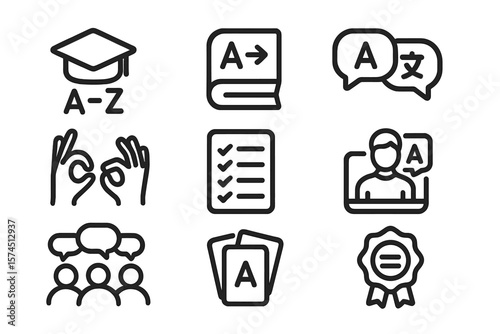 Minimalist language learning icons: communication, education, translation
