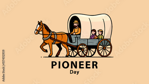 Vector art of a pioneer family travels in a covered wagon on pioneer day