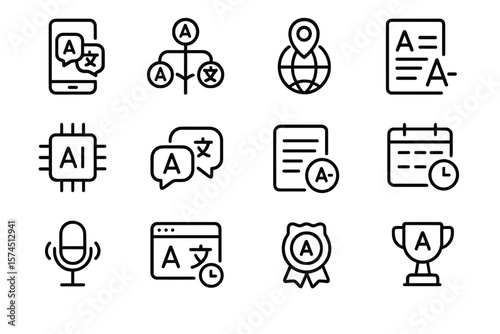 Language and ai line icons set featuring global translation and communication tools