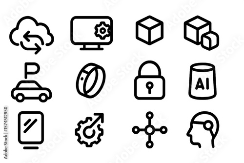 Modern technology and icon set featuring minimalist cloud and security symbols