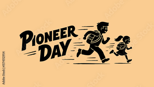 Vector art of children running to school on pioneer day in a vintage style