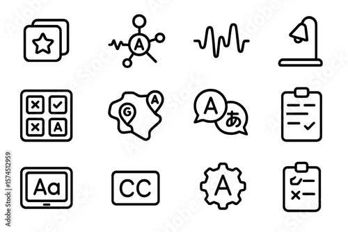 Minimalist icons set featuring language tools and audio symbols on black background