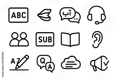 Educational communication icons set featuring language and audio symbols