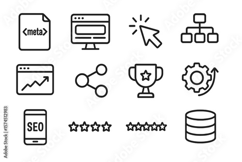 Web and seo icons set featuring linear design and technology concepts