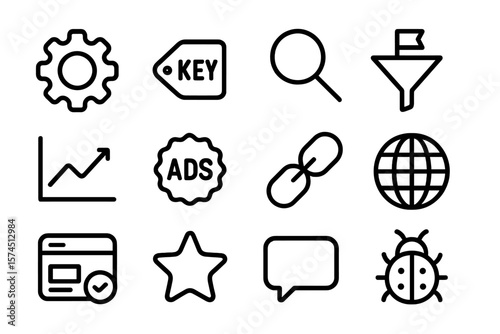 Minimalist black icon set for digital marketing and seo concepts