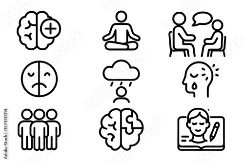 Mental health icons: mindfulness, therapy, emotions, and wellness