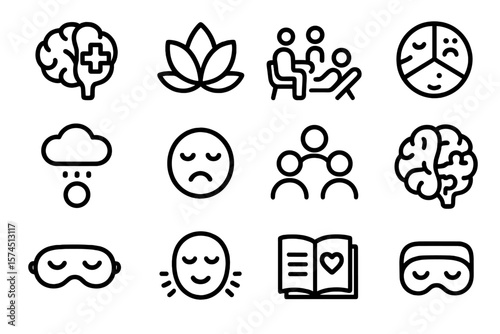 Mental health icons: therapy, emotions, meditation, sleep, community support