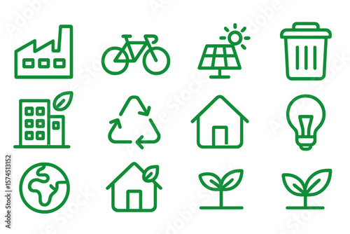 Eco-friendly icons set: sustainable living, recycling, and renewable energy symbols