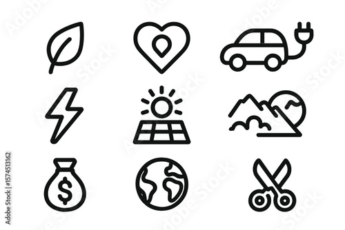 Eco-friendly icons featuring sustainable energy, environment, and nature-themed symbols