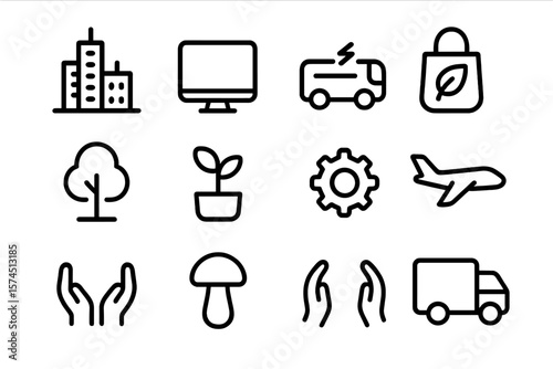 Eco-friendly icon set featuring eco transport, sustainable growth, and environmental protection symbols