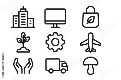 Minimalist line icons set: eco, travel, business, and technology