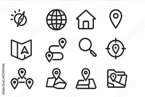 Navigation and location icon set on dark background