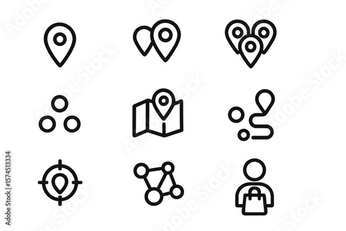Simple black map icons for navigation and location on dark background