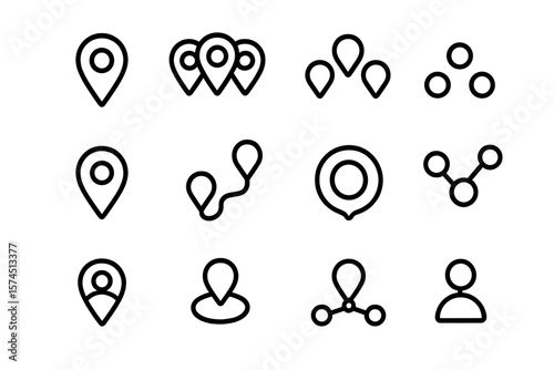 Minimalist location and navigation icons set on dark background