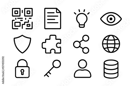 Minimalist black icons set for digital and networking themes on dark background