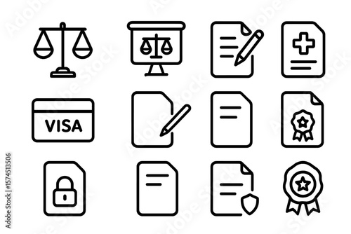 Minimalistic legal document and icon set in black and gray outline style