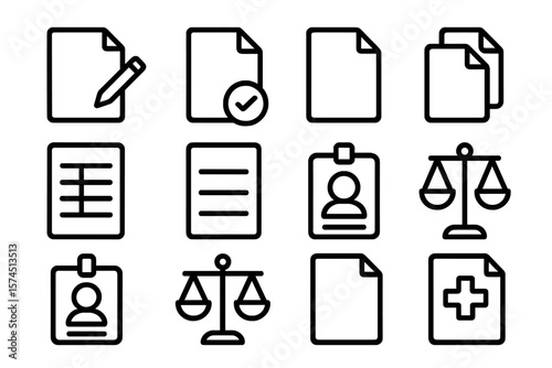 Set of minimalist document icons with scales and id badges