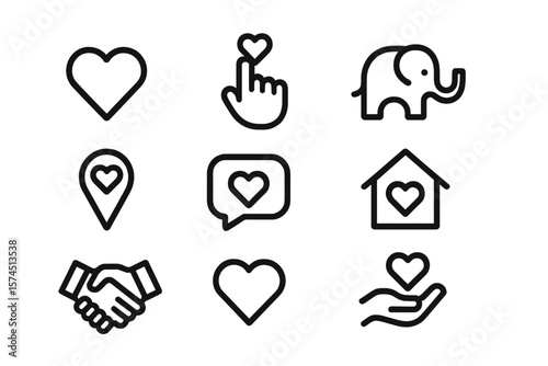 Minimalist heart icon set: love, home, connection symbols for design