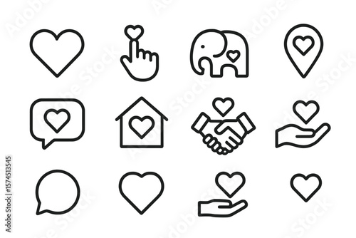 Heart symbol icons set: love, care, and connection in simple line art