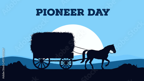 Vector art of a horse drawn wagon is silhouetted for pioneer day