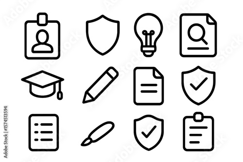 Essential black outline icons for business and education on dark background
