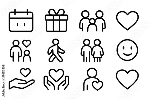 Minimalist icons: family, love, gift, and calendar in linear style