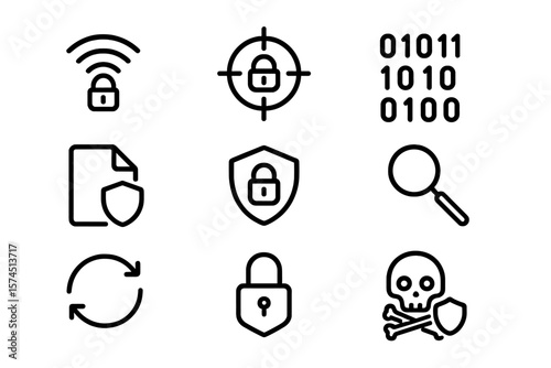 Cyber security icons set: lock, shield, data protection symbols