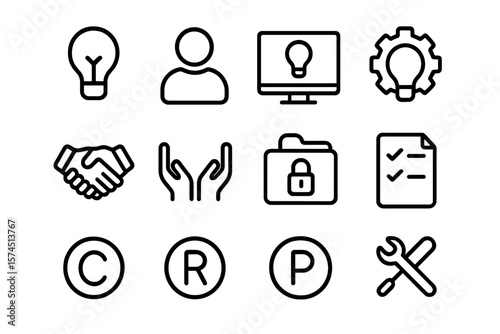 Minimalist outline icon set: creativity, security, and productivity symbols