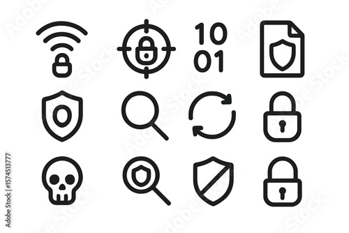 Cybersecurity icons set on dark background featuring locks and shields