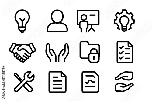 Dark mode business icons: linear design with technology and security concepts