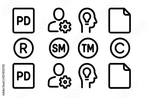 Intellectual property icons set in linear style featuring pd, r, sm, tm, and c symbols