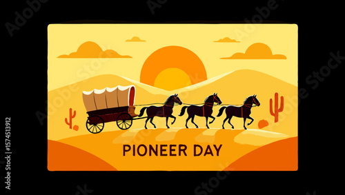 Vector art of a pioneer day scene with a horsedrawn wagon in the desert