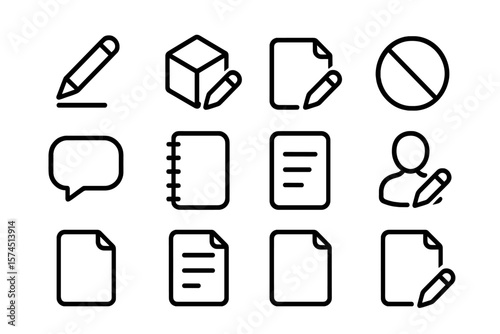 Minimalistic black line icons for editing and writing concepts on dark background