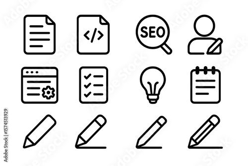 Minimalist black line icons for seo, web development, and content creation