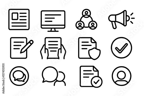 Black linear icons on dark background for communication and office tasks