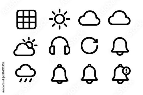 Set of minimalistic black line icons on transparent background