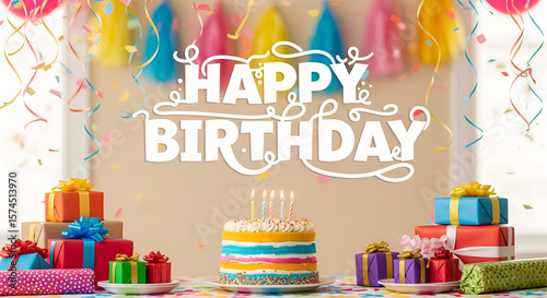 Colorful Birthday Celebration Illustration with Text and Confetti