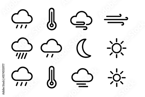 Dark mode weather icons: minimalist cloud, sun, and rain symbols
