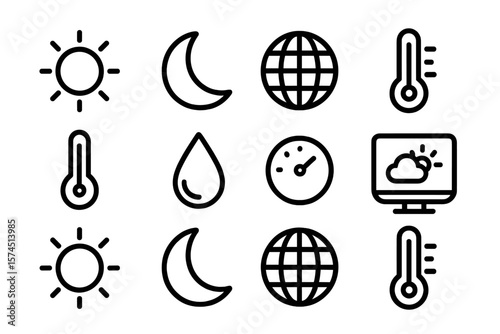Weather icons set: temperature, sun, moon, rain, globe, wind, forecast symbols