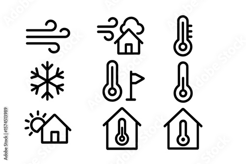 Weather forecast icons set featuring wind, snow, and temperature in minimalist black style