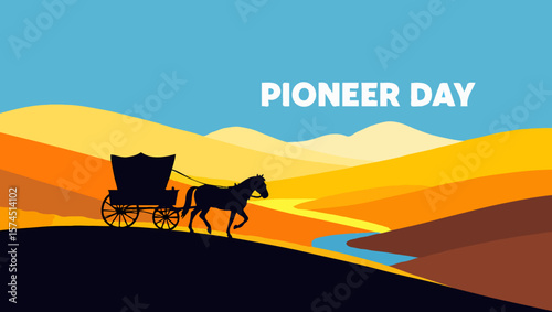 Vector art of a horse and wagon travel through the landscape on pioneer day