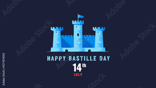 Vector art of celebrating happy bastille day with a blue castle illustration