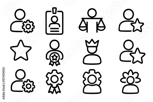 Minimalist line art user icons: settings, awards, legal, and crown themes
