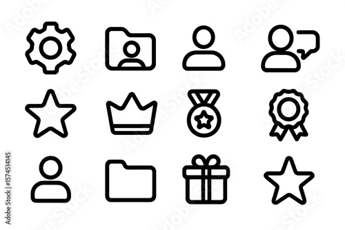 Minimalist linear icons set featuring user, award, and communication symbols