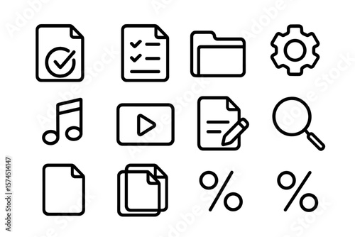 Black outline icons set: documents, media, and tools on dark background
