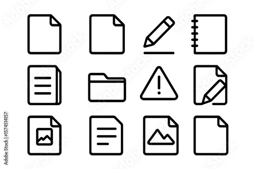 Minimalist black icon set featuring documents, pencils, folders, and alerts