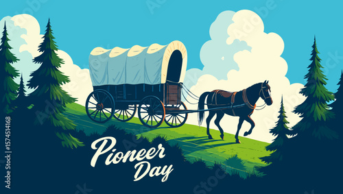 Vector art of a horsedrawn wagon travels through the landscape on pioneer day