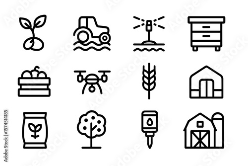 Agriculture icon set featuring modern farm equipment and elements