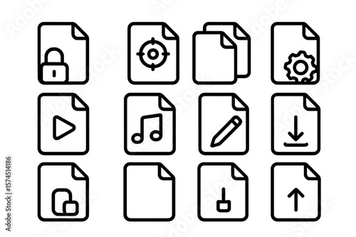Minimalist black file icons set with various function symbols