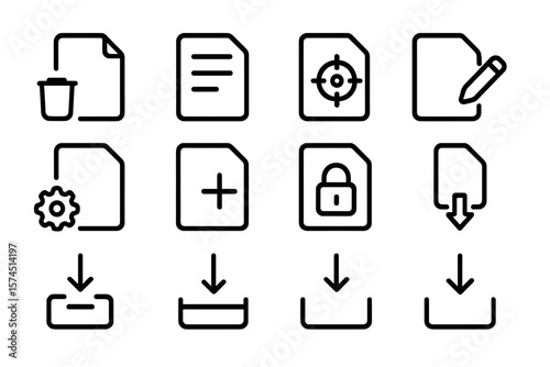 Minimalistic black interface icons for file management and editing